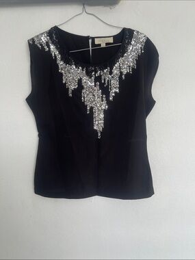 Olive & Oak Black Cap Sleeve Top with Silver Sequin Yoke